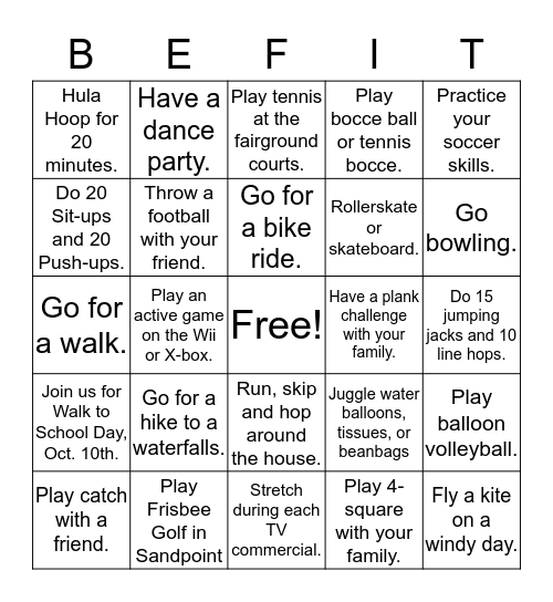 Family Fitness Challenge Bingo Card