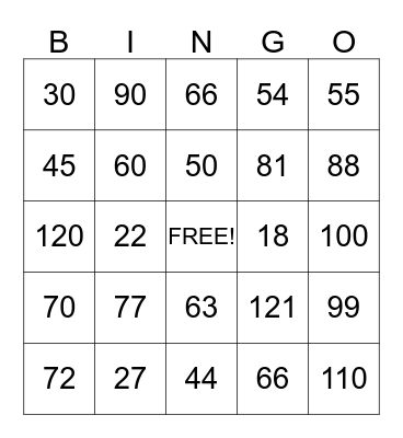 9s to 11s Multiplication Bingo Card