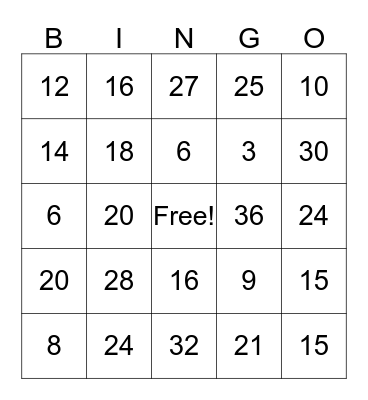 Multiplication Facts 2's, 3's, 4's, & 5's Bingo Card
