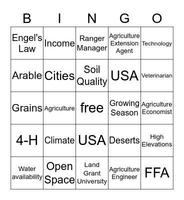 Agriculture Bingo Card