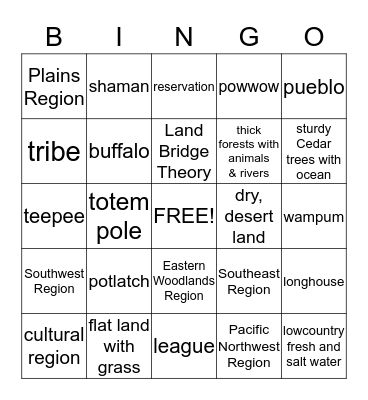 Native American Region Review Bingo Card