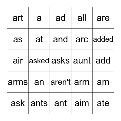 "A" words Bingo Card