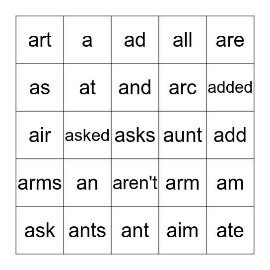 "A" words Bingo Card