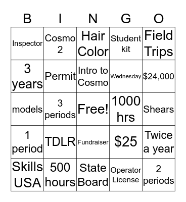 Cosmetology Bingo Card