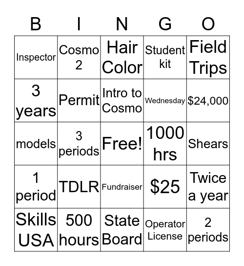 Cosmetology Bingo Card