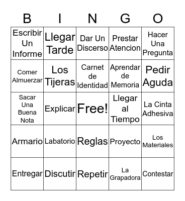 Classroom Spanish Bingo Card