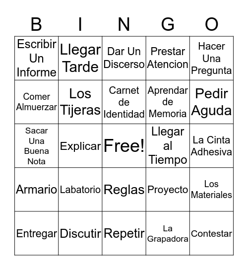 Classroom Spanish Bingo Card