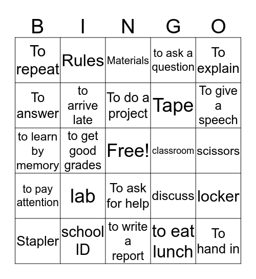 La sala de clase Bingo Card
