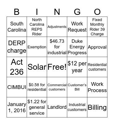 DEP - Rates; Fixed Monthly Rider 39 Charge  Bingo Card