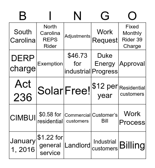 DEP - Rates; Fixed Monthly Rider 39 Charge  Bingo Card