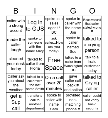 Call Center Bingo Card