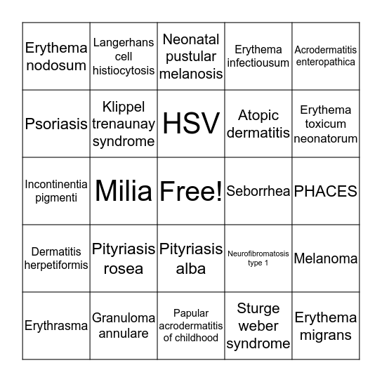 Dermatology Bingo Card