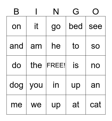 Sight Word Bingo Card