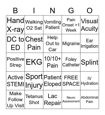 Urgent Care BINGO Card