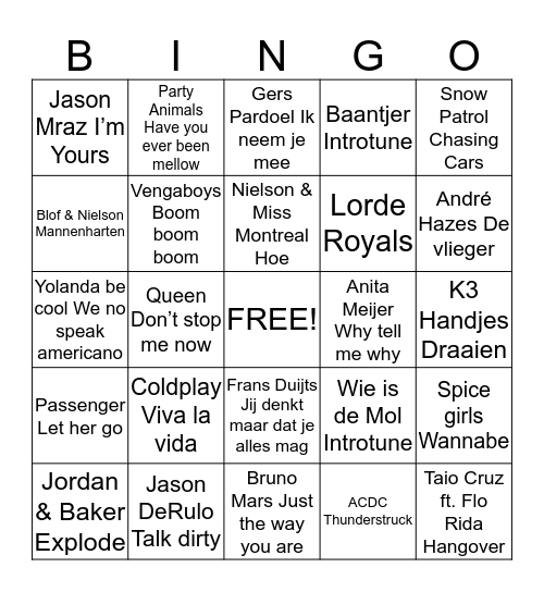 Muziek Bingo Card