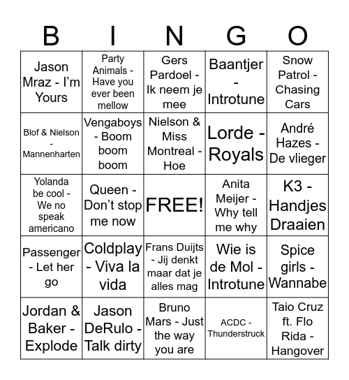 Muziek Bingo Card