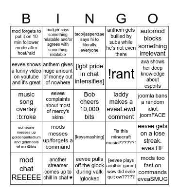 Eevee A underscore Stream Chat Bingo Card