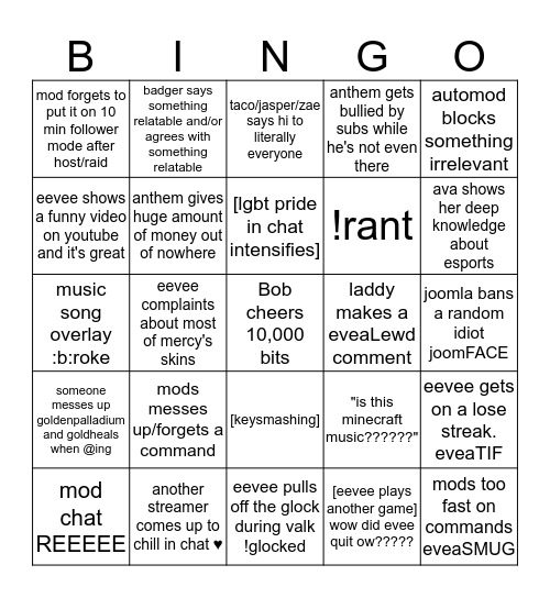 Eevee A underscore Stream Chat Bingo Card