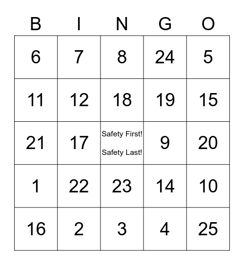 Venture Safety Bingo Card
