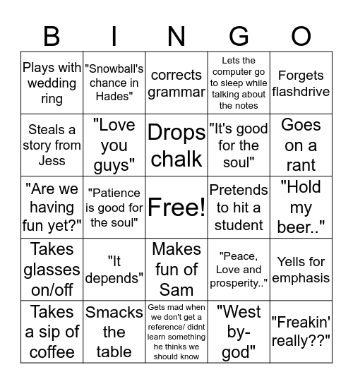 Goff Bingo Card