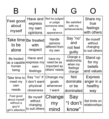 "I Have the Right to....." BINGO  Bingo Card