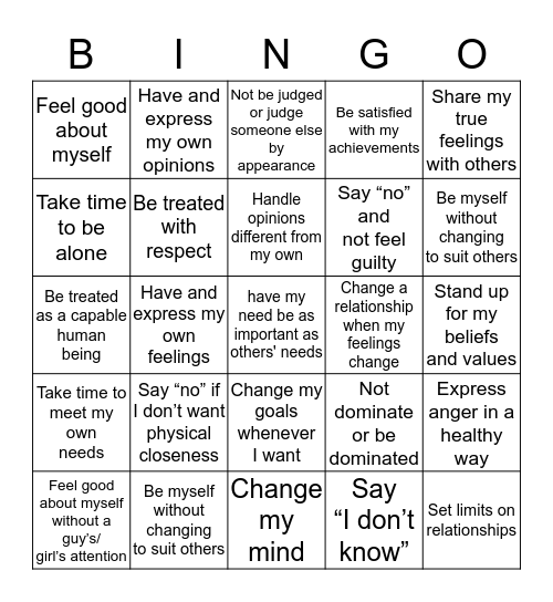 "I Have the Right to....." BINGO  Bingo Card