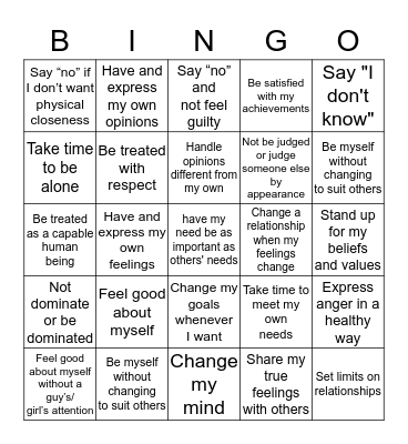 "I Have the Right to....." BINGO  Bingo Card