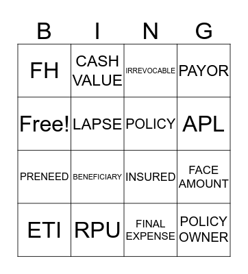 Life insurance Vocabulary Bingo Card