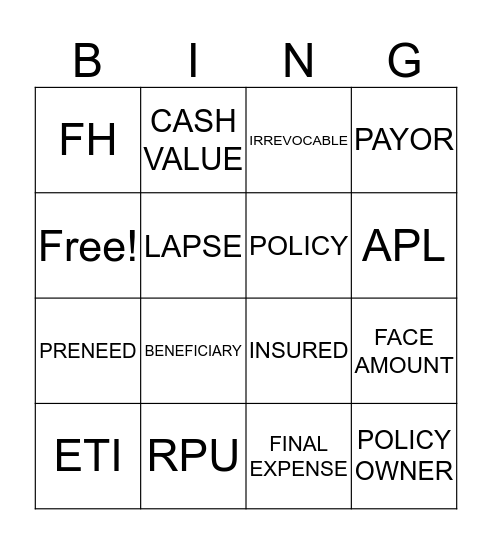 Life insurance Vocabulary Bingo Card