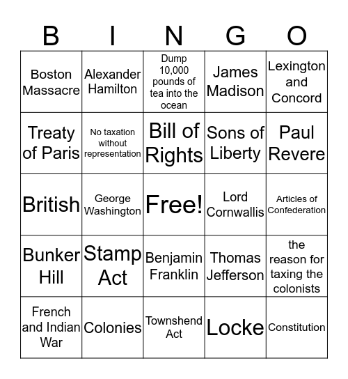 American Revolution Bingo Card