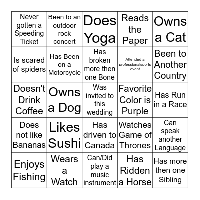 Wedding Get To Know You Bingo Card