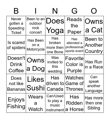 Wedding Get To Know You Bingo Card