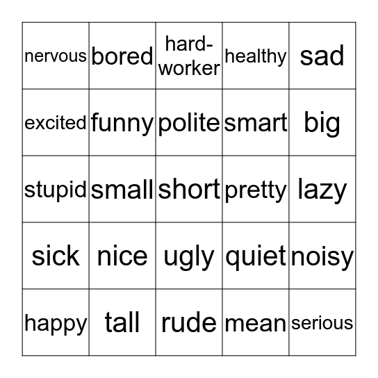 descriptive words Bingo Card