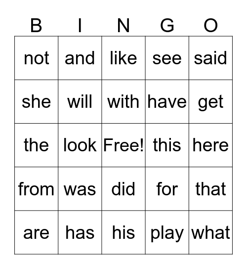Sight Words #1 Bingo Card