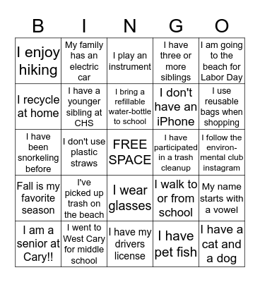 Environmental Club People Bingo  Bingo Card