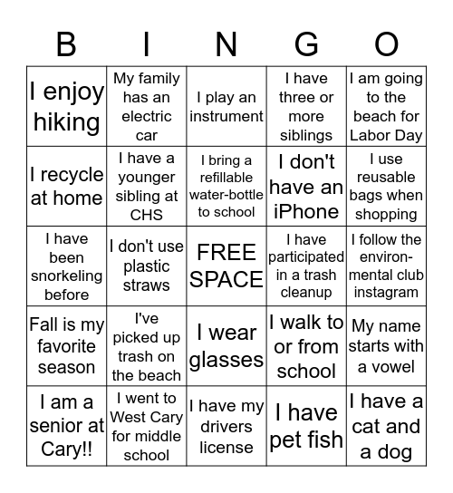 Environmental Club People Bingo  Bingo Card