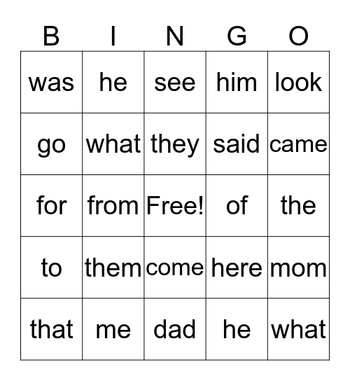 High Frequency Words Bingo Card