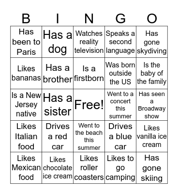 Getting to Know You Bingo Card