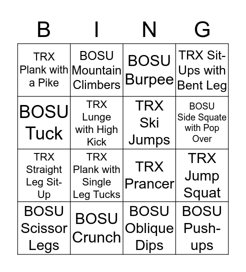 BOSU/TRX Intro. Bingo Card