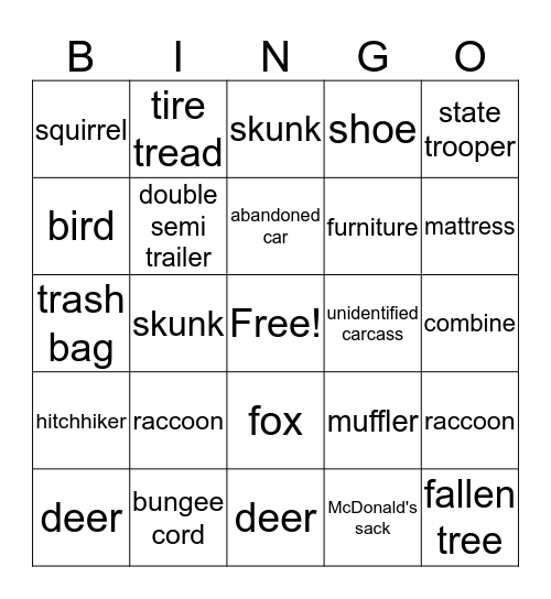 Roadkill & Trash Bingo Card