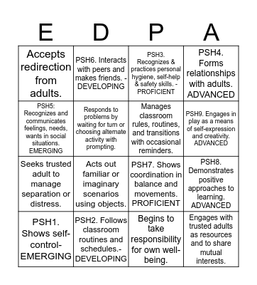 PERSONAL / SOCIAL / HEALTH Bingo Card