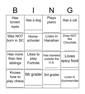 Getting to Know You! Bingo Card