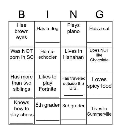 Getting to Know You! Bingo Card