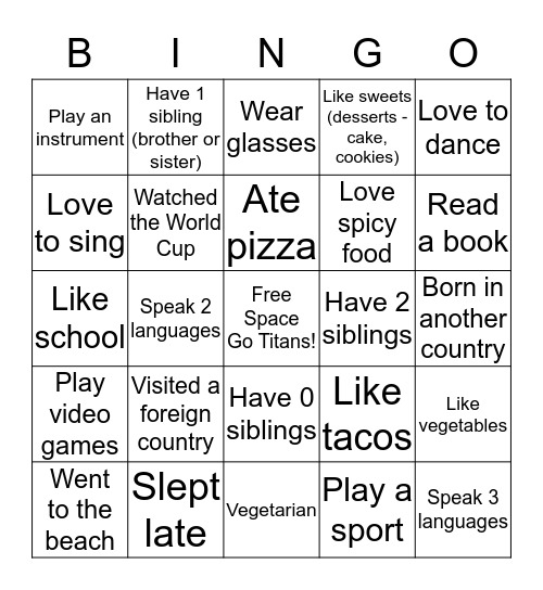 Getting to Know Your Classmates Bingo Card