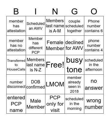 Annual Wellness Visit Bingo Card