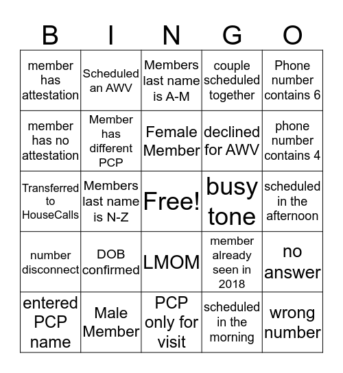 Annual Wellness Visit Bingo Card