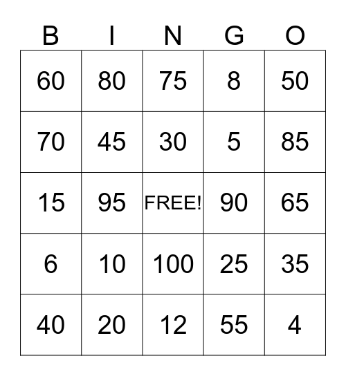 Multiplication Bingo Card