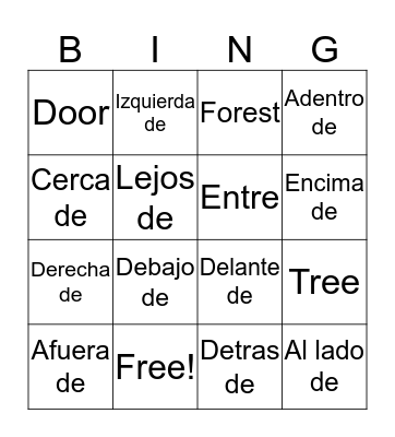 Prepositions Bingo Card