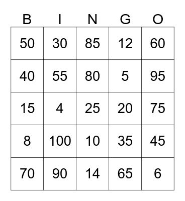 Multiplication Bingo Card