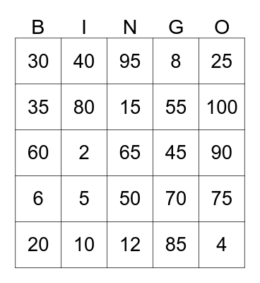 Multiplication Bingo Card